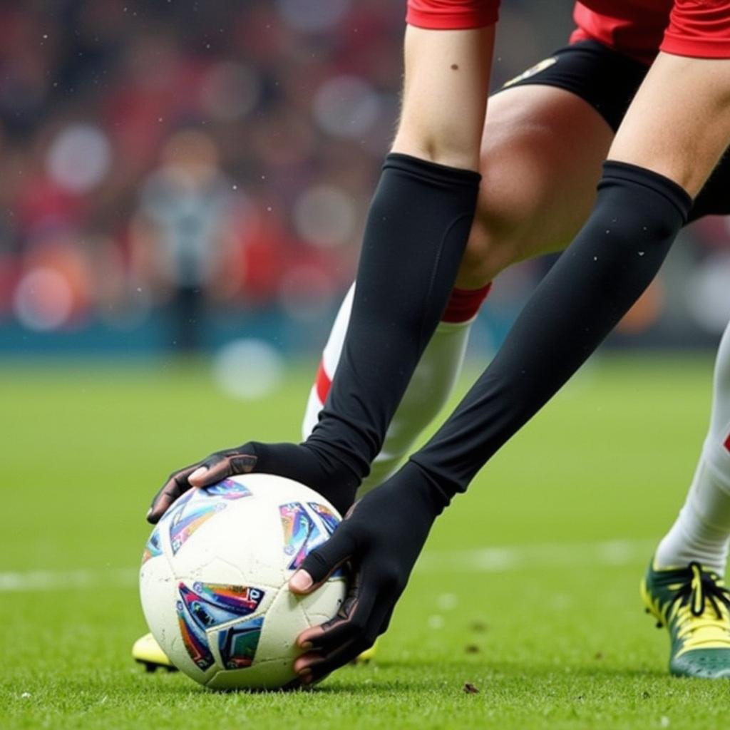 Close-up of Yamal's hands with thumbhole compression sleeves during a match