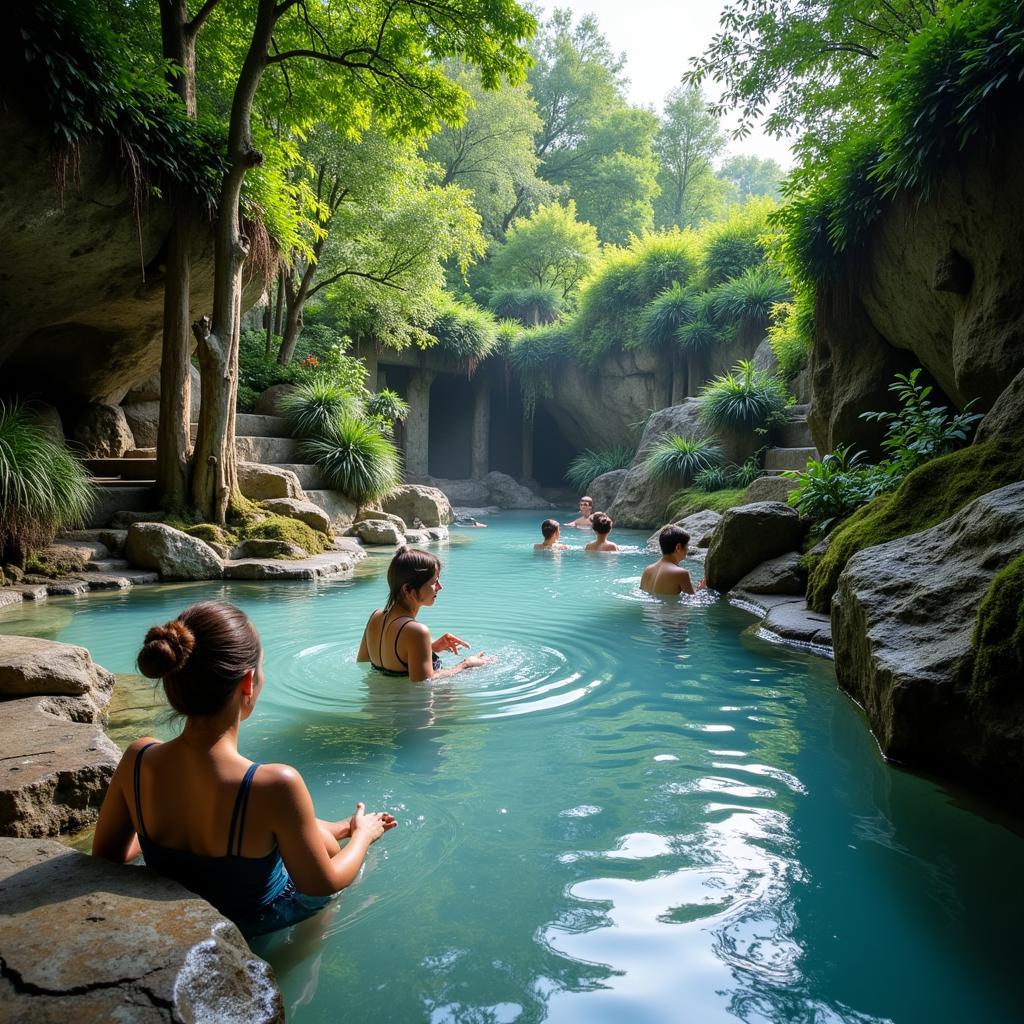 Serene atmosphere of a clothing optional spa with lush greenery and natural hot springs