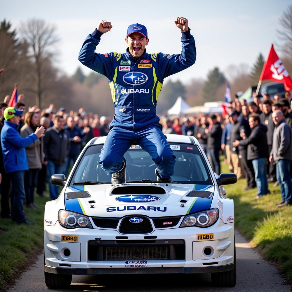 Colin McRae Celebrating a Victory with his Subaru WRC car