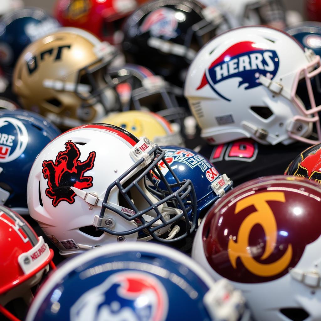 Close-up of various college football helmet decals