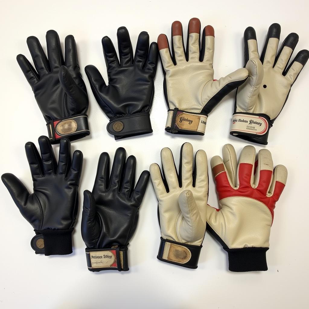 A variety of used football gloves are displayed, showcasing different brands, styles, and conditions.