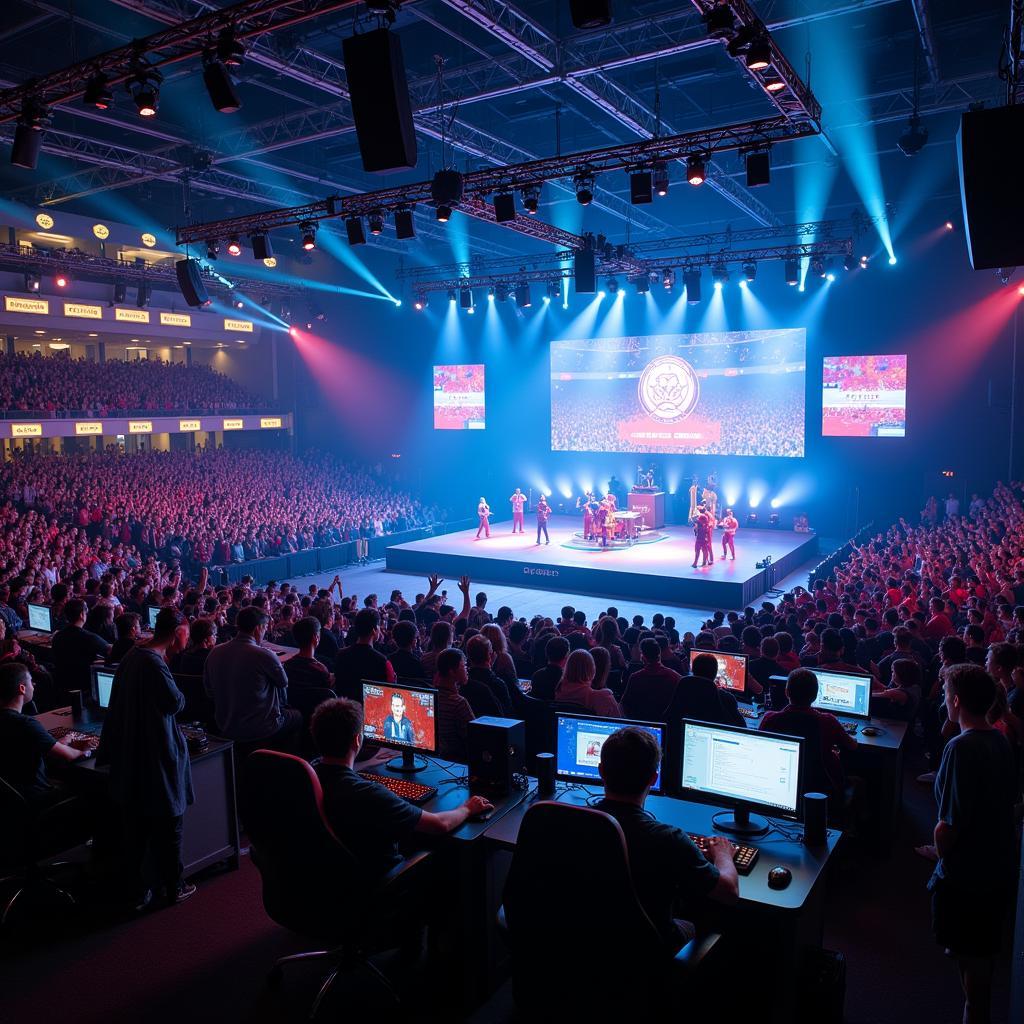 Esports tournament scene with cheering crowd and focused players