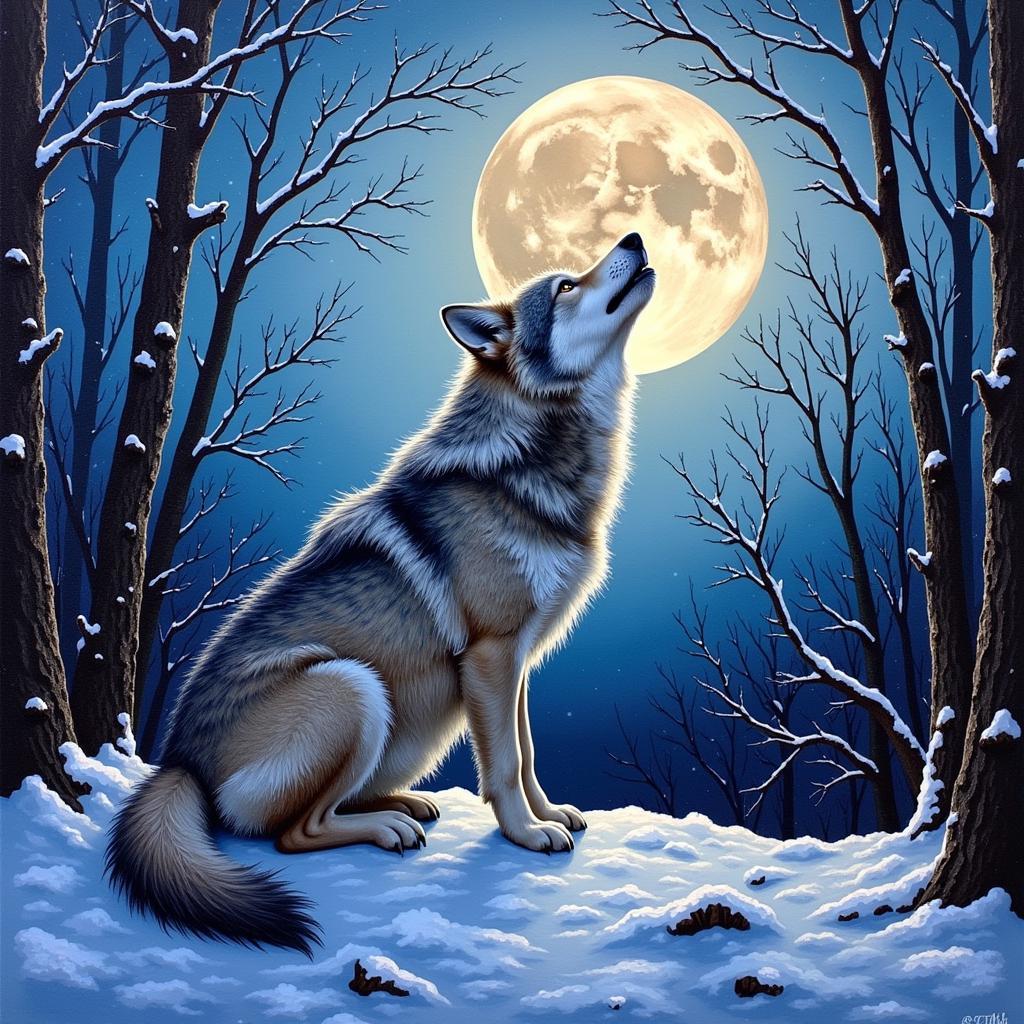 A finished wolf diamond art painting shimmering in the light