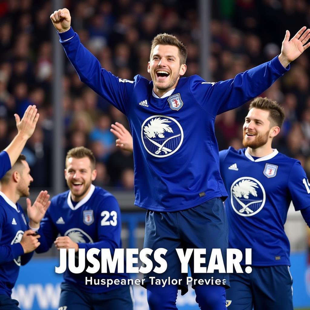 Connor Taylor celebrating a goal with his teammates, showcasing his team spirit