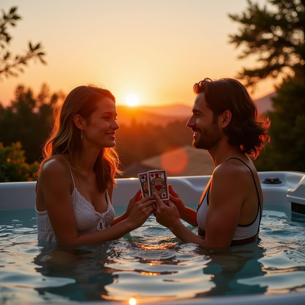 A couple enjoying a game in their hot tub