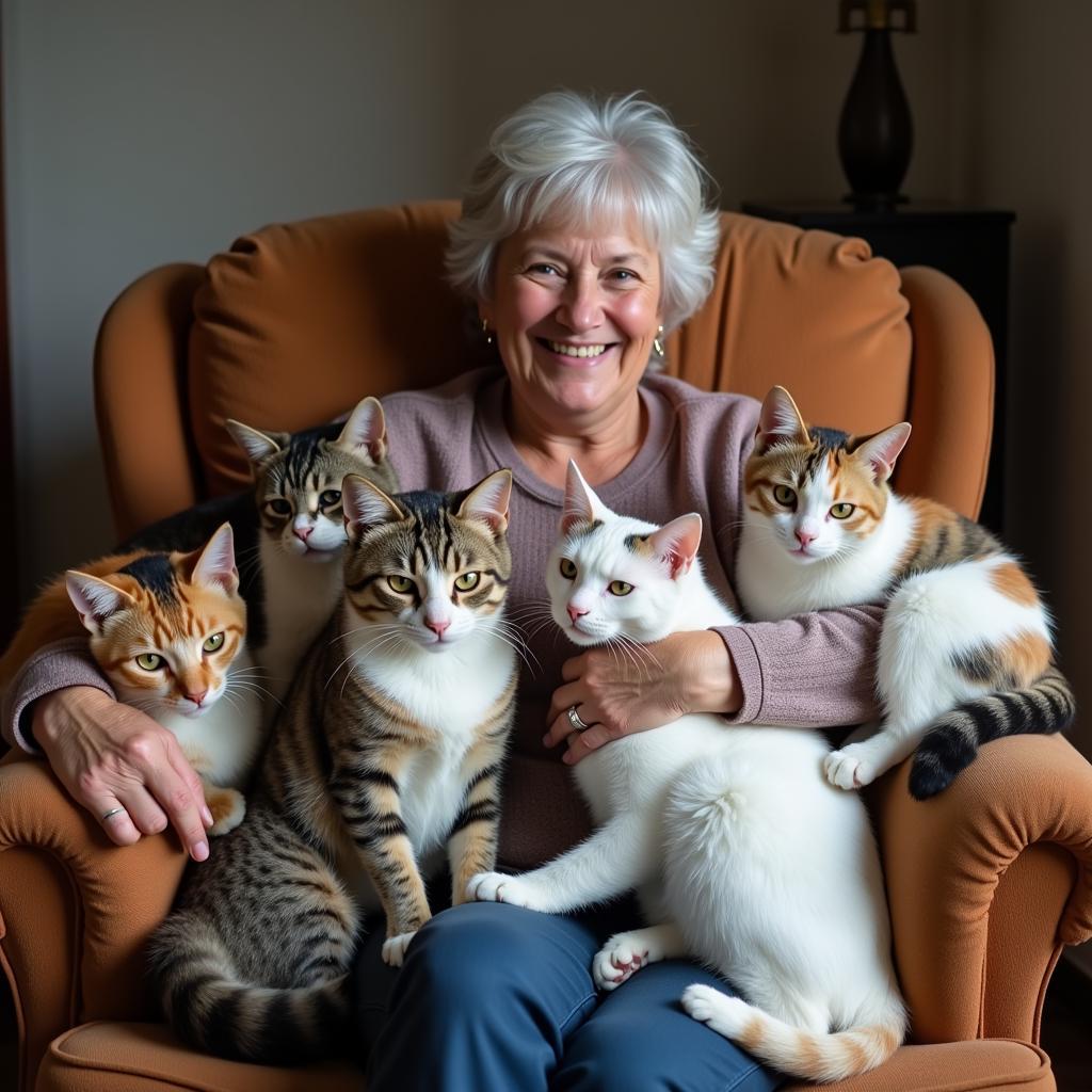 A woman surrounded by her cats, smiling happily