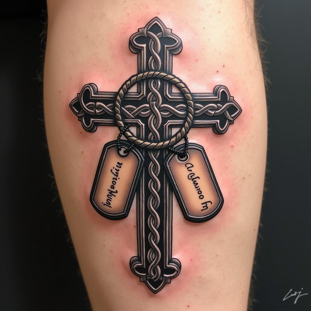 Cross Tattoo with Dog Tags Design Ideas