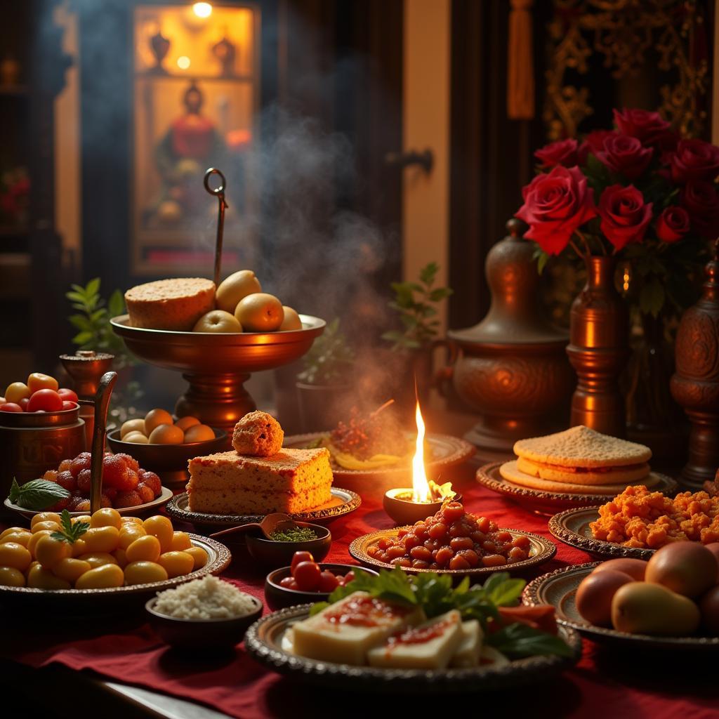 Cultural Offerings for Ghosts: Food and incense offerings placed on an altar