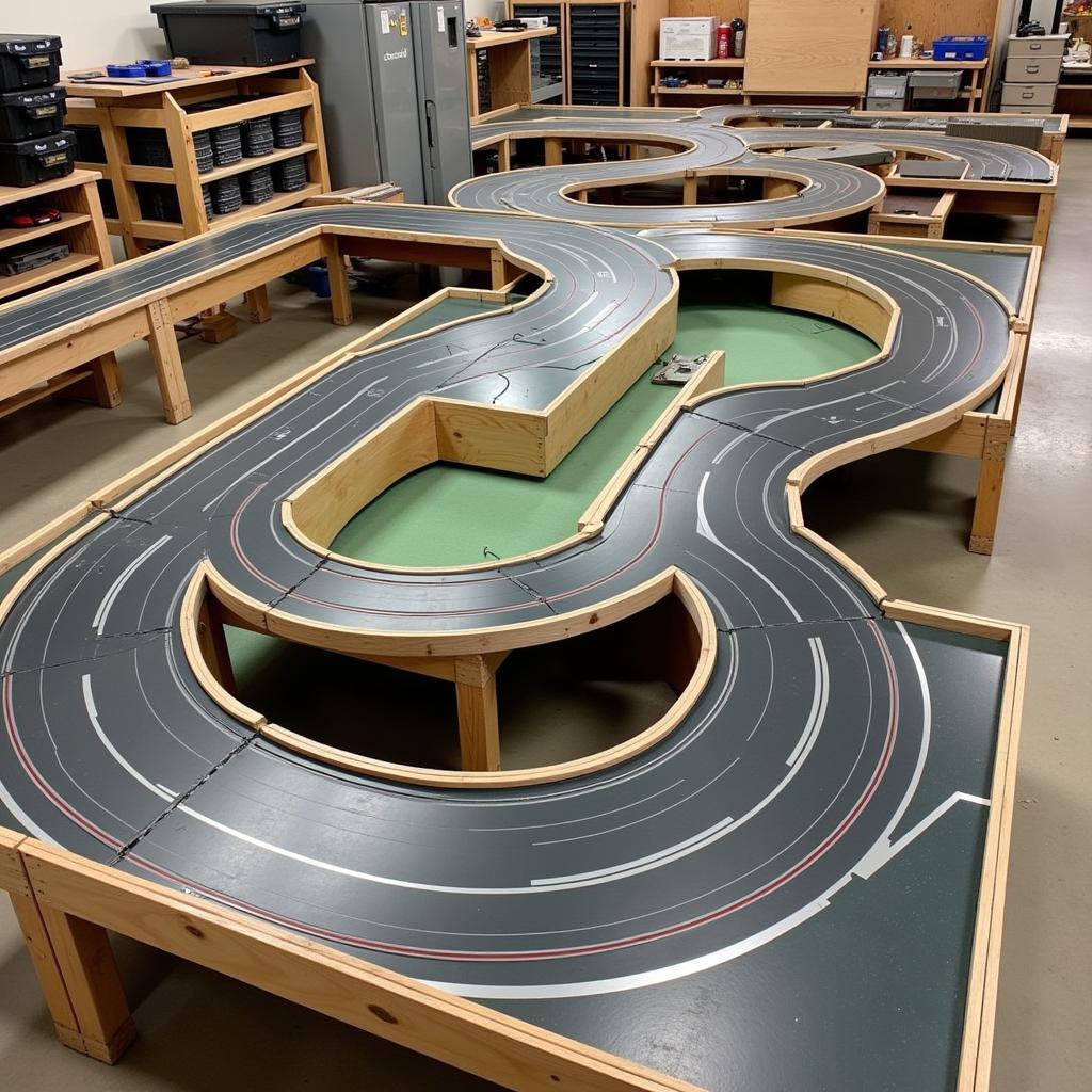 A custom-built sliders car track with elevation changes and challenging turns.