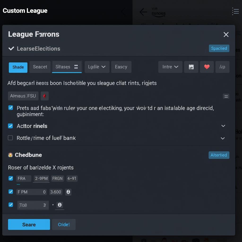 Custom Leagues setup screen showing various options