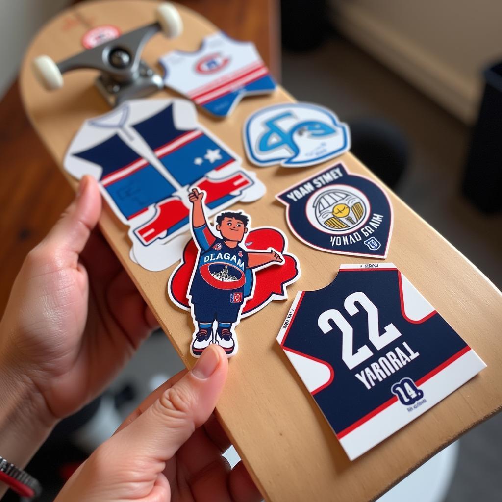 Fingerboard decorated with custom Yamal-themed stickers