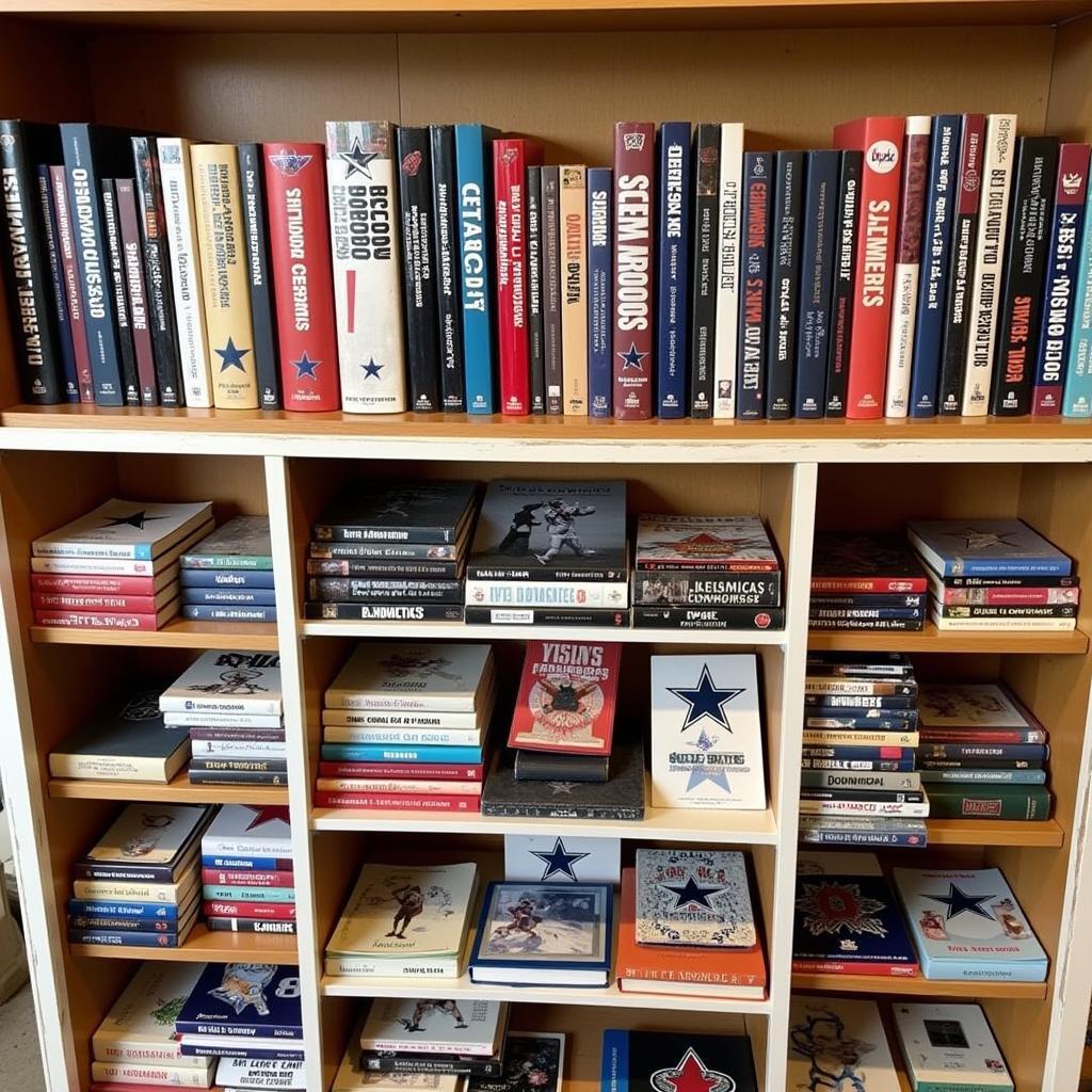 A collection of various Dallas Cowboys books displayed on a shelf