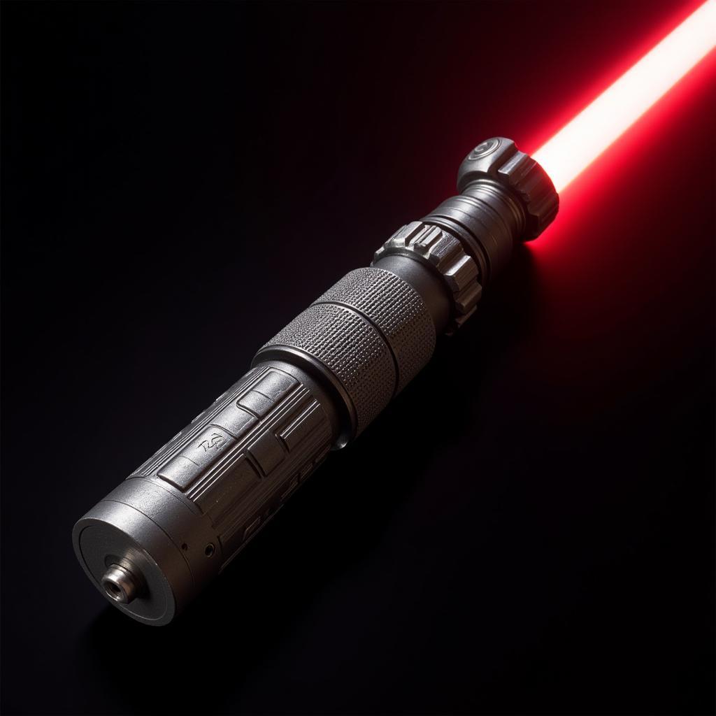 Close-up view of Darth Revan's lightsaber hilt showing intricate details