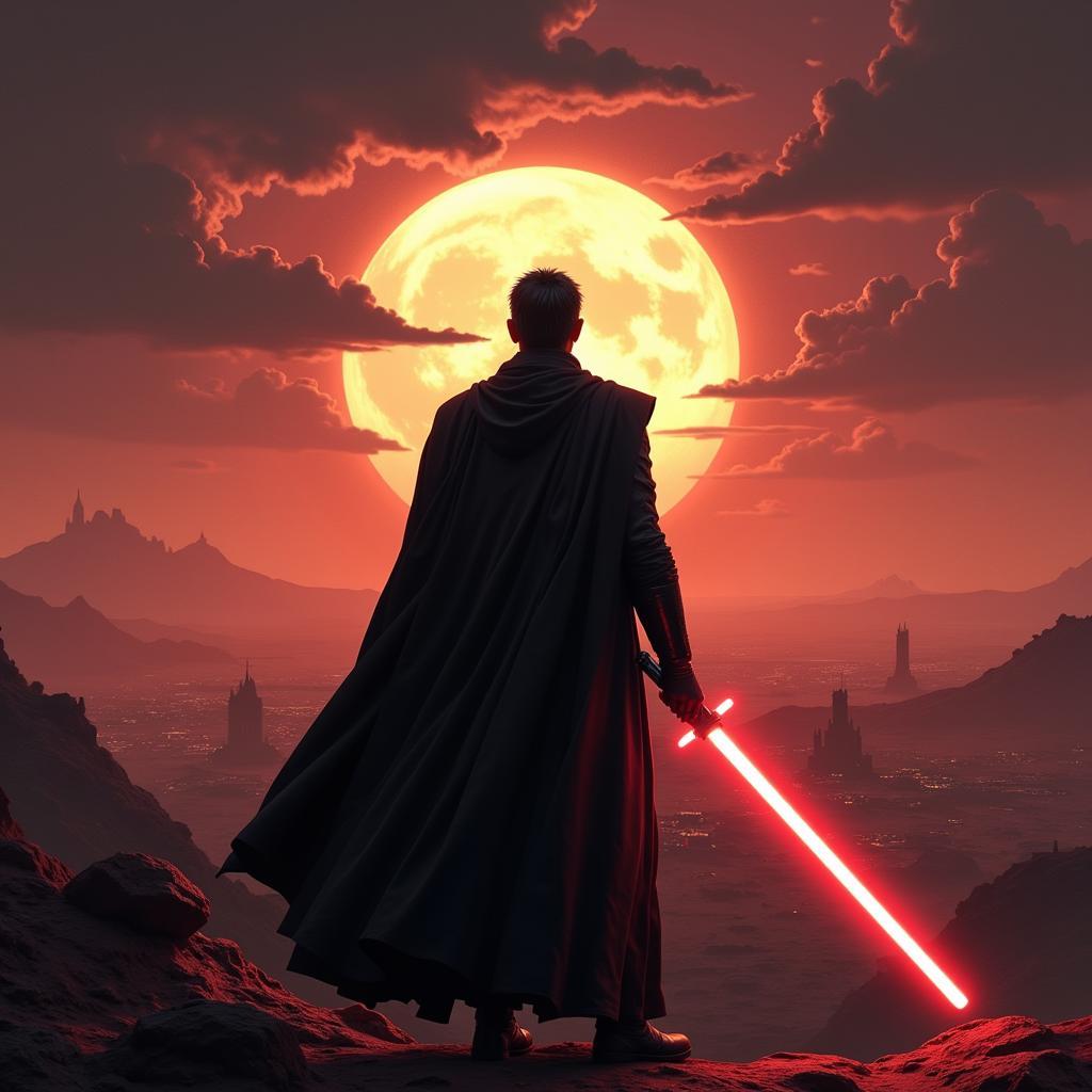 Darth Revan standing with his ignited lightsaber, overlooking a vast battlefield