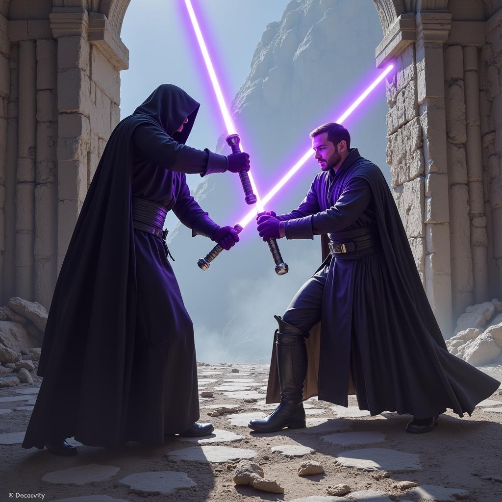 Darth Revan wielding his purple lightsaber in a duel against a Jedi Knight