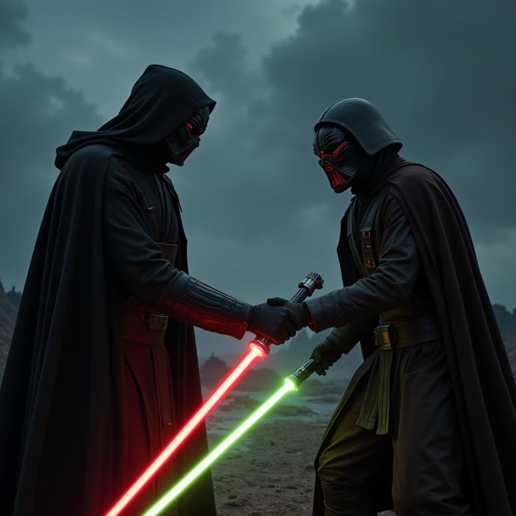 Darth Revan dueling with his crimson lightsaber against a Jedi Knight