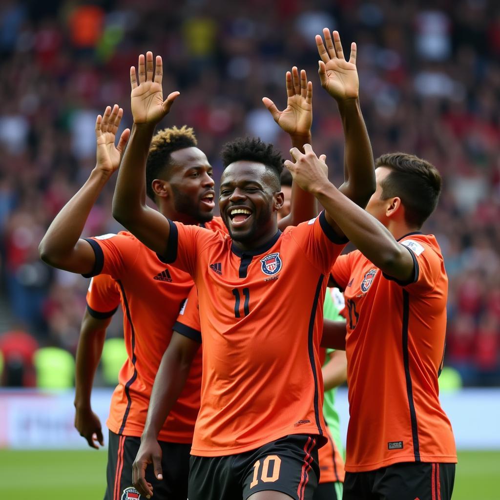 Lamine Yamal celebrating a goal with his teammates, highlighting his team spirit and joy of the game.