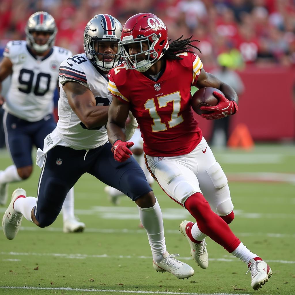 Derrick Henry stiff-arms a defender on his way to the endzone.