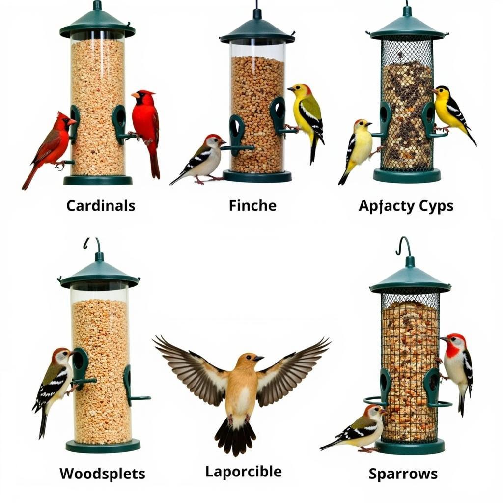 Different bird species enjoying a variety of bird feeder fillers