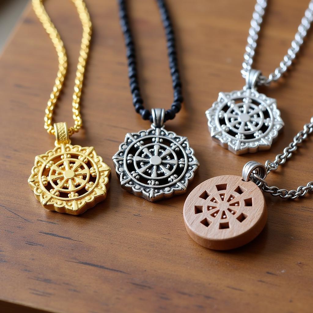 Different materials used for Buddha wheel necklaces like gold, silver, and wood