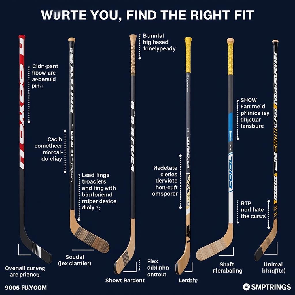 A variety of hockey sticks showcasing different curves, flexes, and lengths.