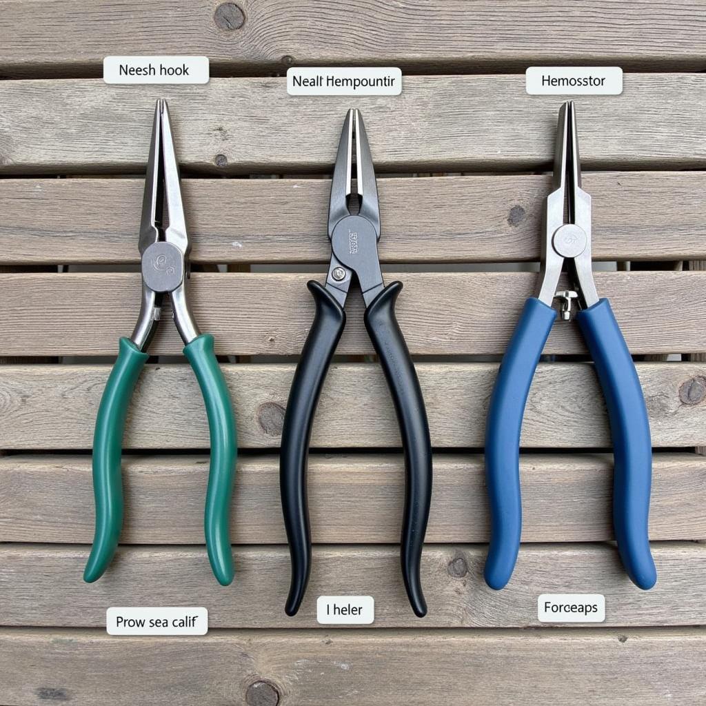 Various types of ice fishing hook removers displayed on a wooden table