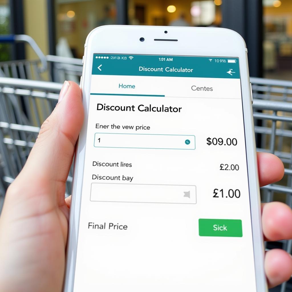 Discount Calculator Example: A mobile phone displaying a discount calculator app. 