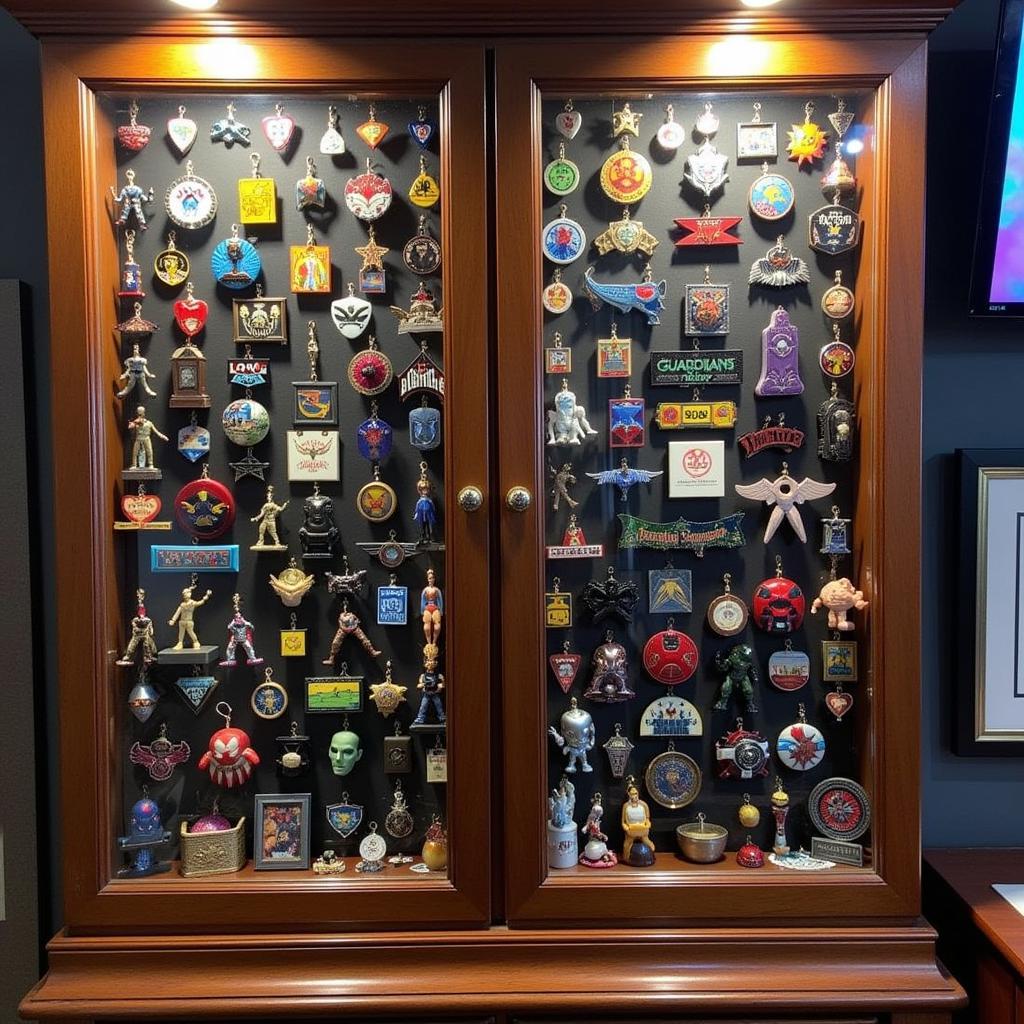 Display Case with a Collection of Guardians of the Galaxy Pins, Patches, and Other Memorabilia