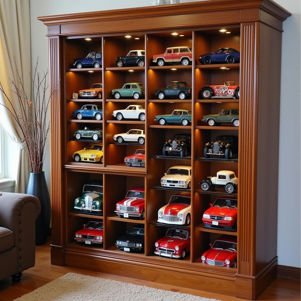 1:24 scale cars showcased in a dedicated display case with proper lighting.