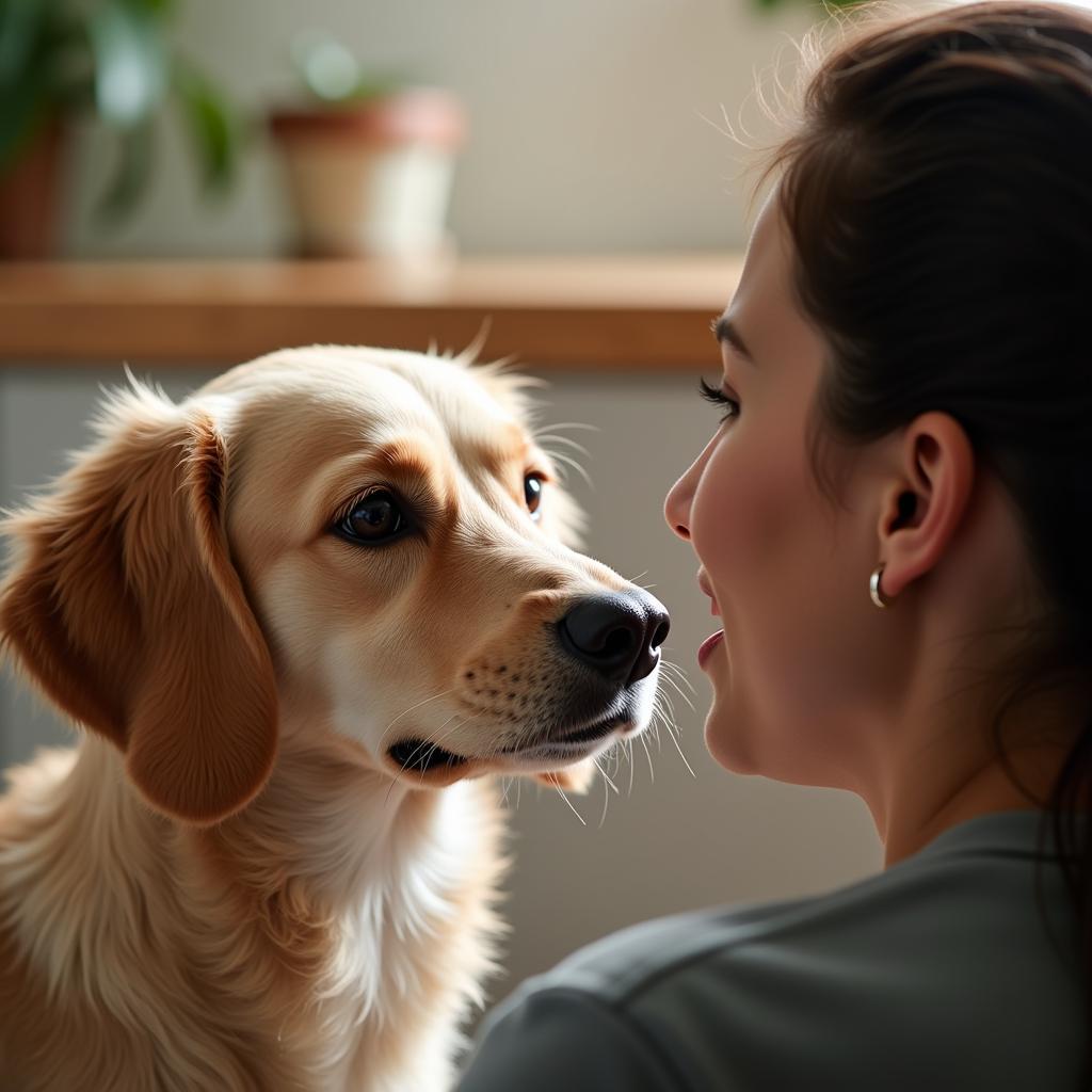 Dog and Human Deep Connection: Close-up of a dog looking intently at its owner, illustrating the deep bond and unspoken communication that can exist between them.