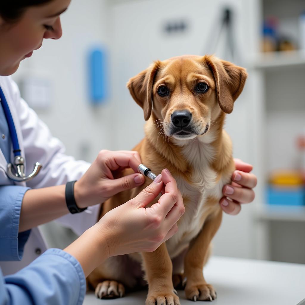 Veterinarian administering Quad-Mix vaccine to a dog