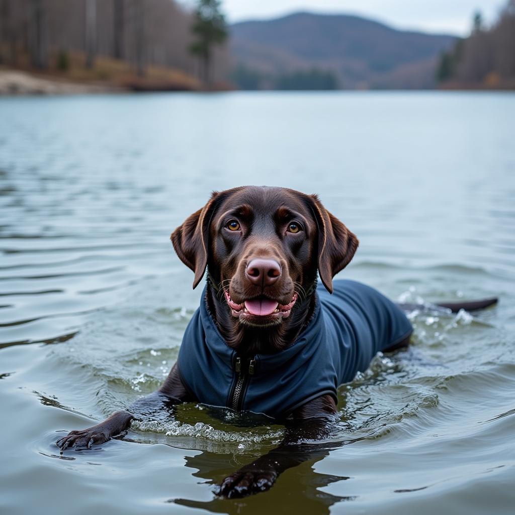 Dog wearing a full-body suit in a lake