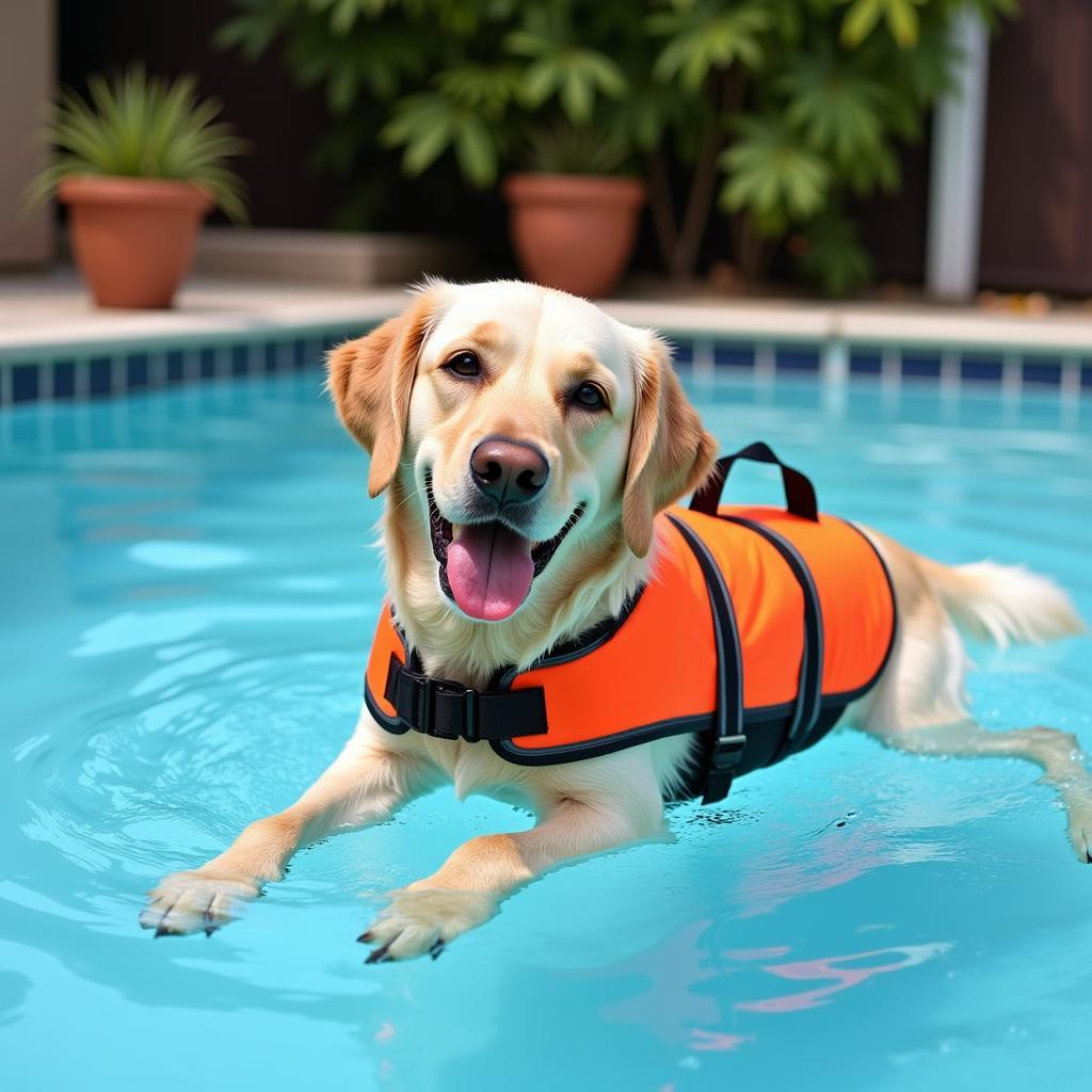 Dog wearing a life vest in a swimming pool