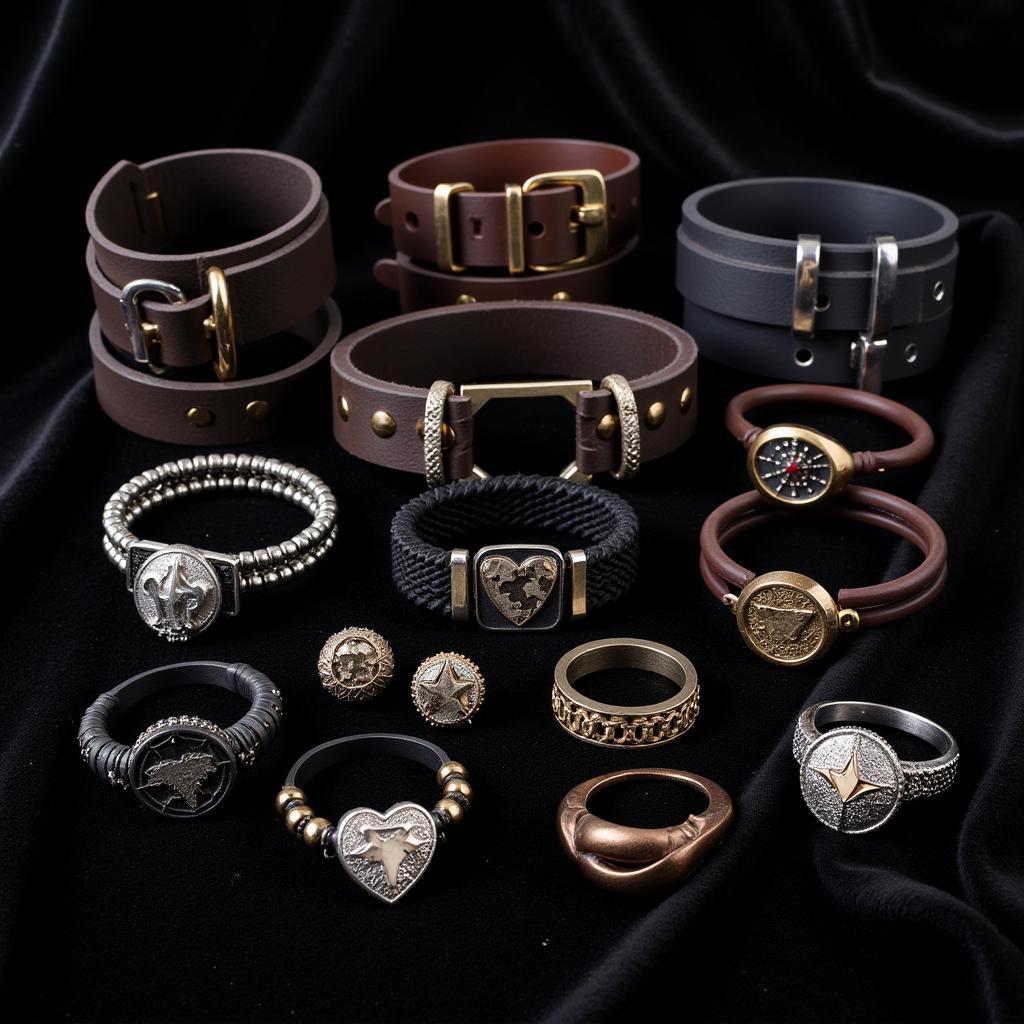 A collection of different dom sub jewelry pieces, showcasing various styles and materials like collars, cuffs, rings, and pendants.