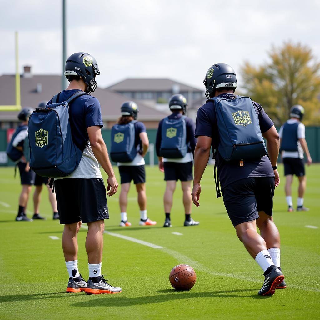 A football team engaged in training drills while wearing drago packs.