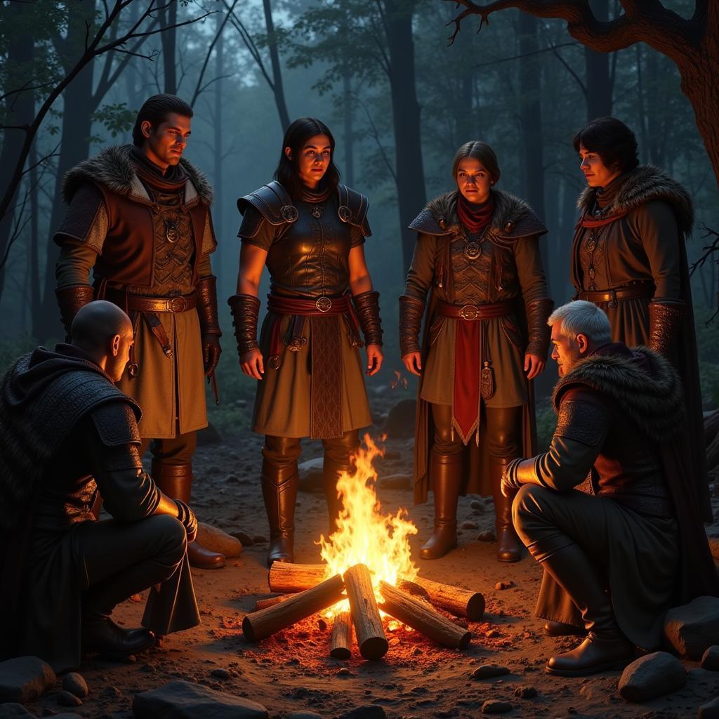 Dragon Age Party Companions Gathered Around a Campfire