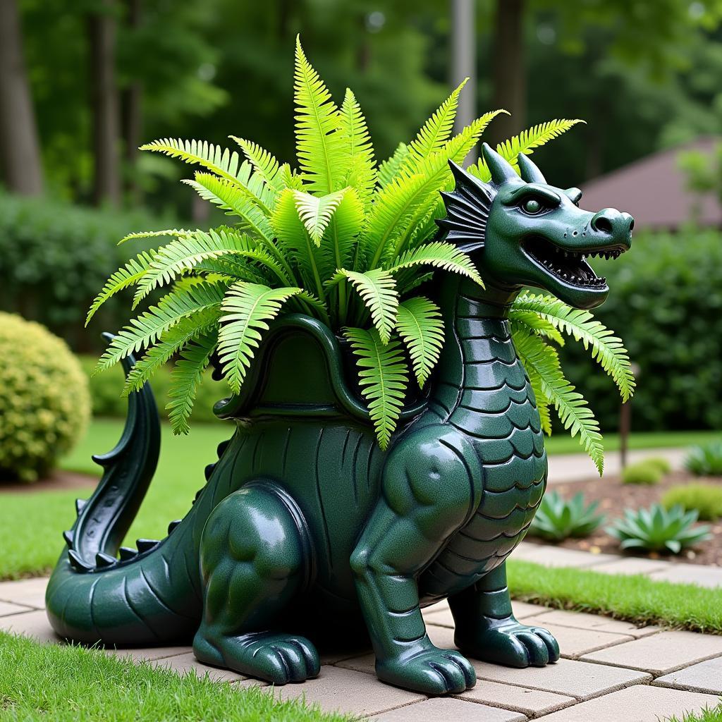 Ceramic Dragon Flower Pot in a Garden Setting