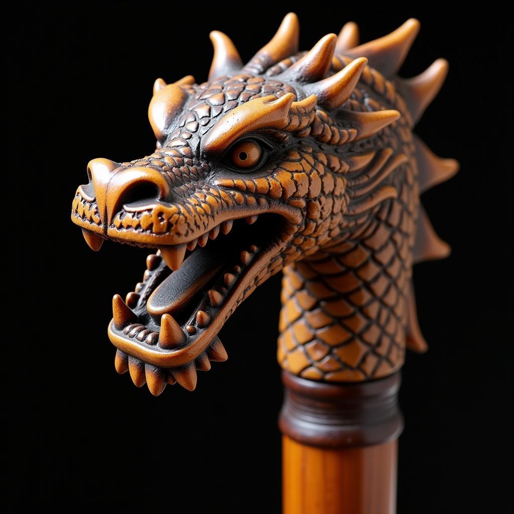 Close-up of a dragon head walking stick showcasing intricate carving details