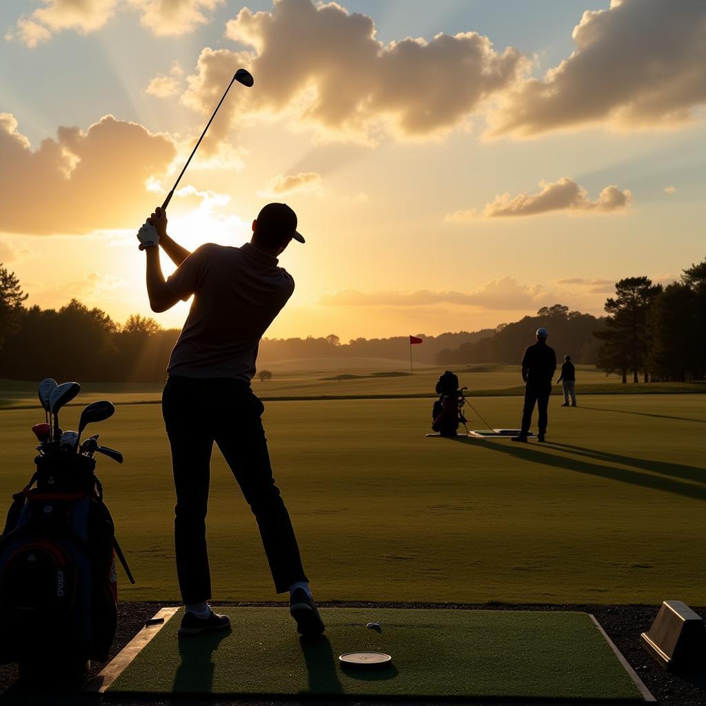 Golfer aiming at a target on the driving range