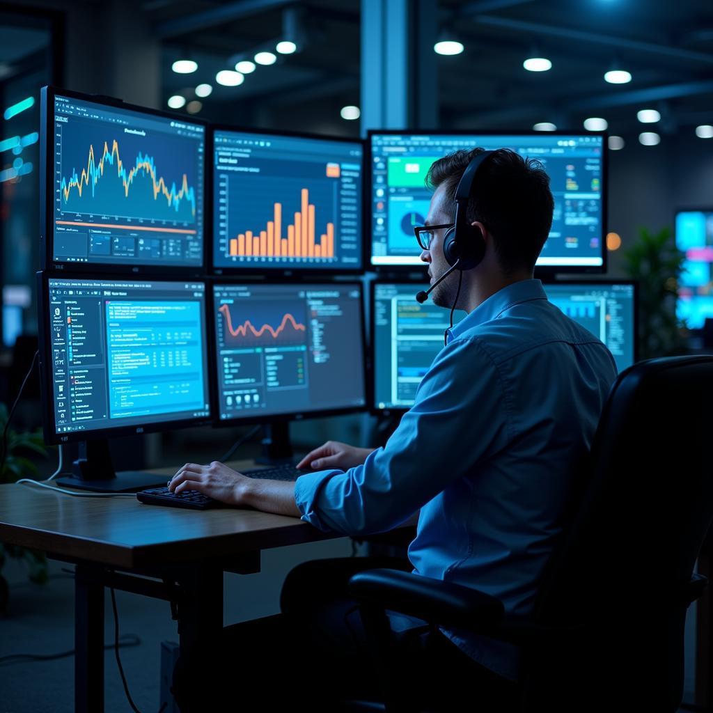 Electronic Service Analyst working on a computer, troubleshooting technical issues and ensuring smooth service delivery.