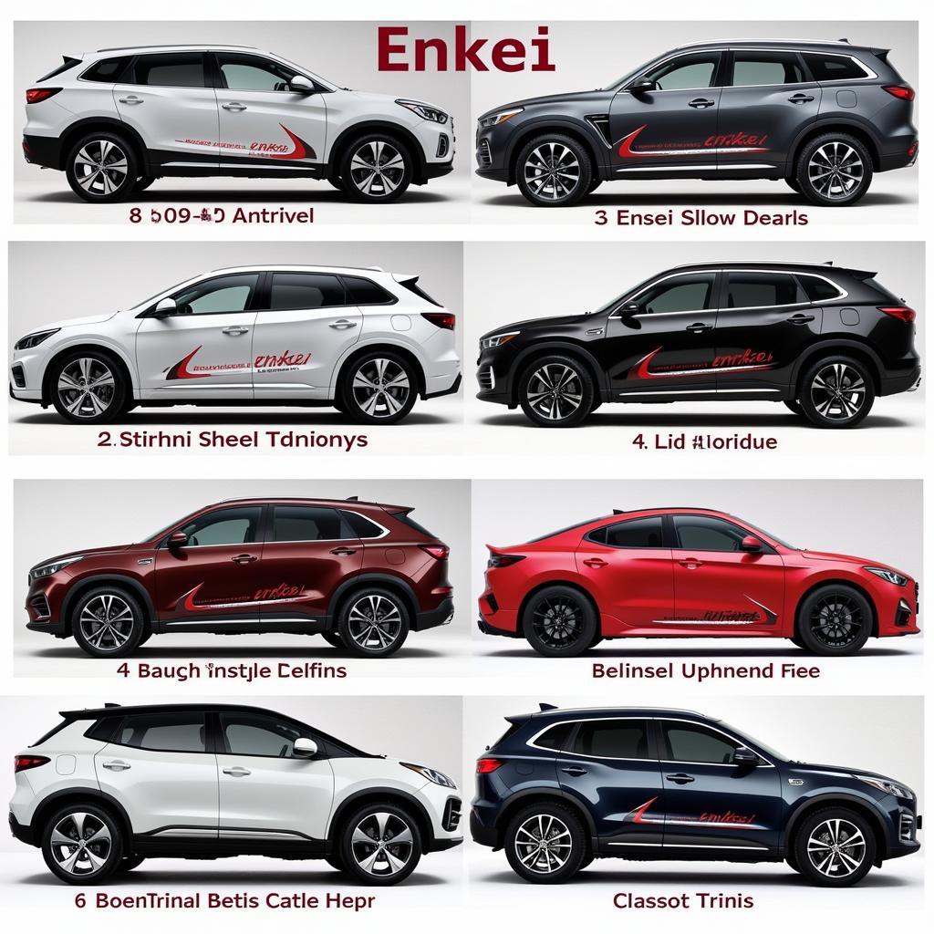 Comparing different Enkei wheel decal styles on a variety of car models.