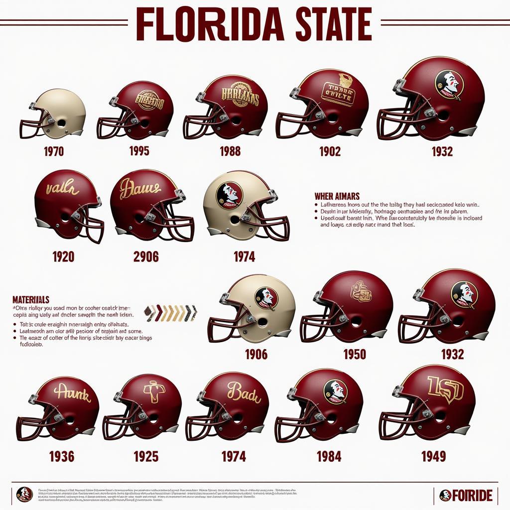 Evolution of the Florida State football helmet showing different eras and design changes.