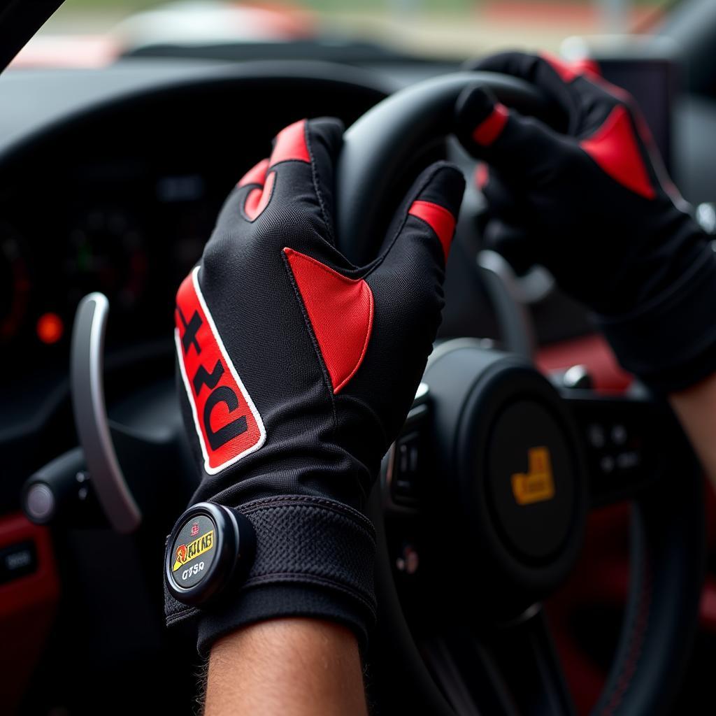 F1 gloves gripping a steering wheel