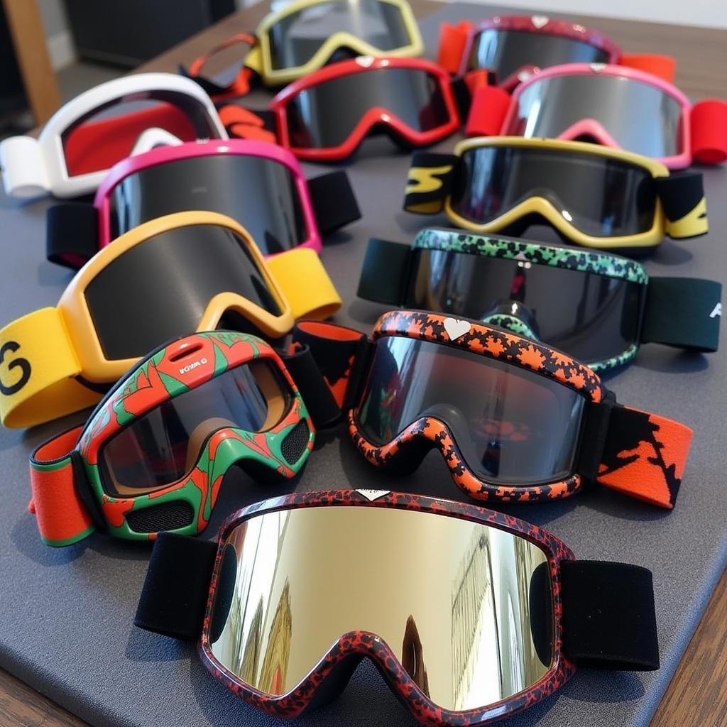 Various styles and colors of F1 goggles displayed on a table.