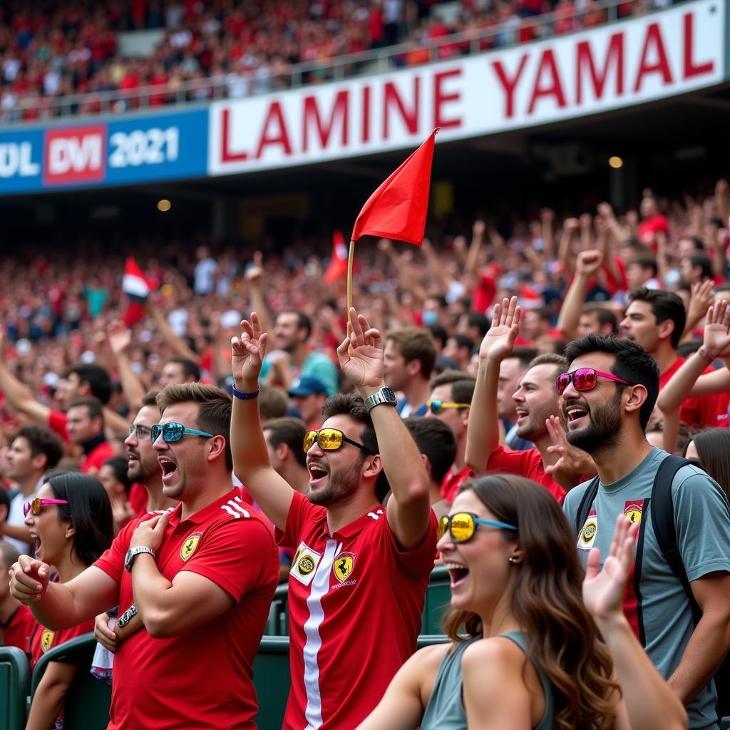 Fans wearing f1 goggles in a football stadium cheering for Lamine Yamal