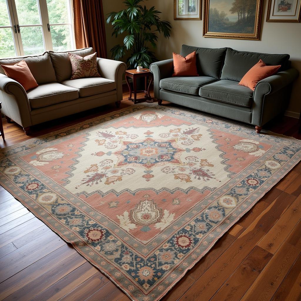 A faded rug adds character to a living room