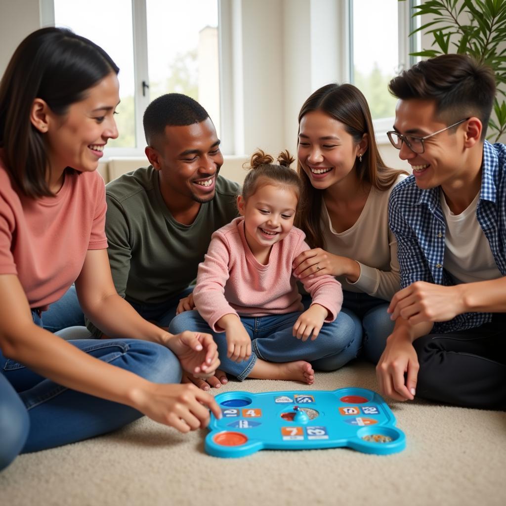 Family bonding over a Hasbro quick reflexes game