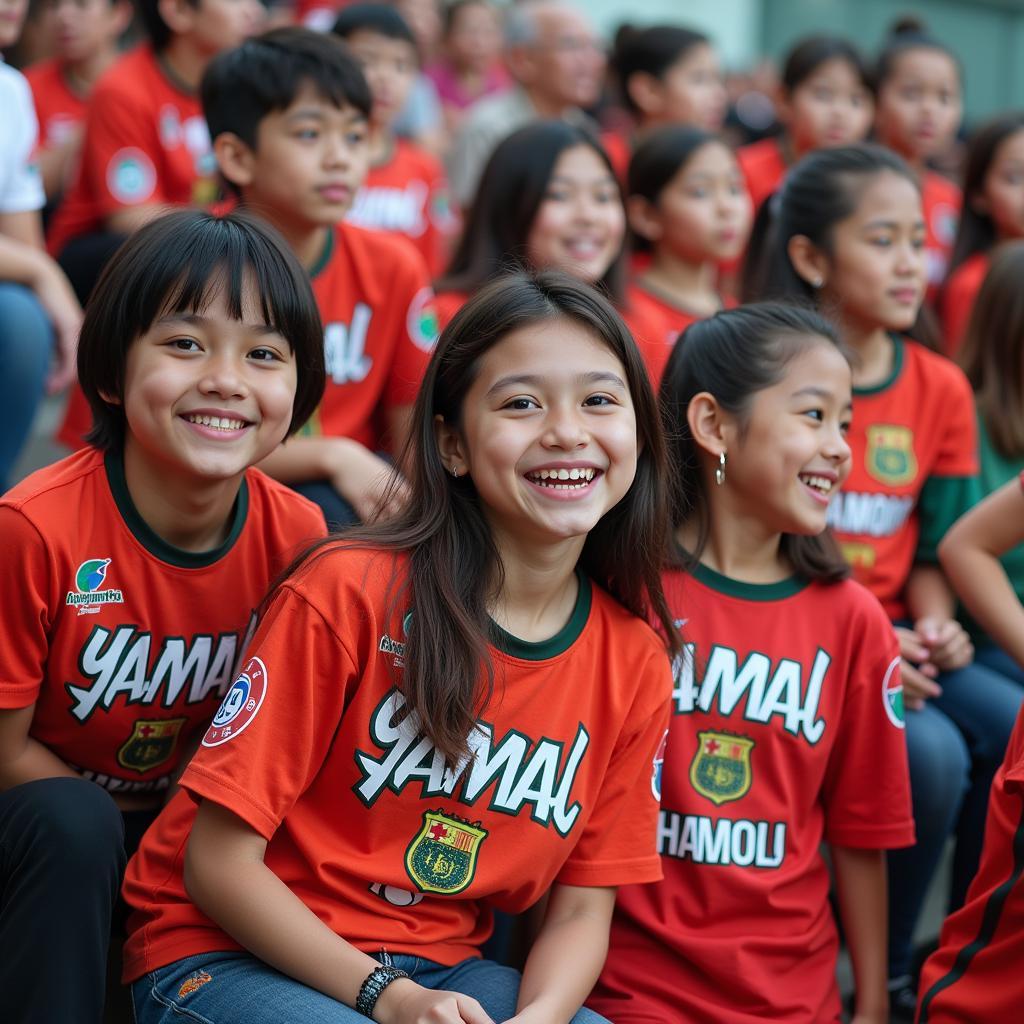 Group of diverse fans proudly wearing Lamine Yamal's Marte Mapu jersey, demonstrating their support and appreciation.