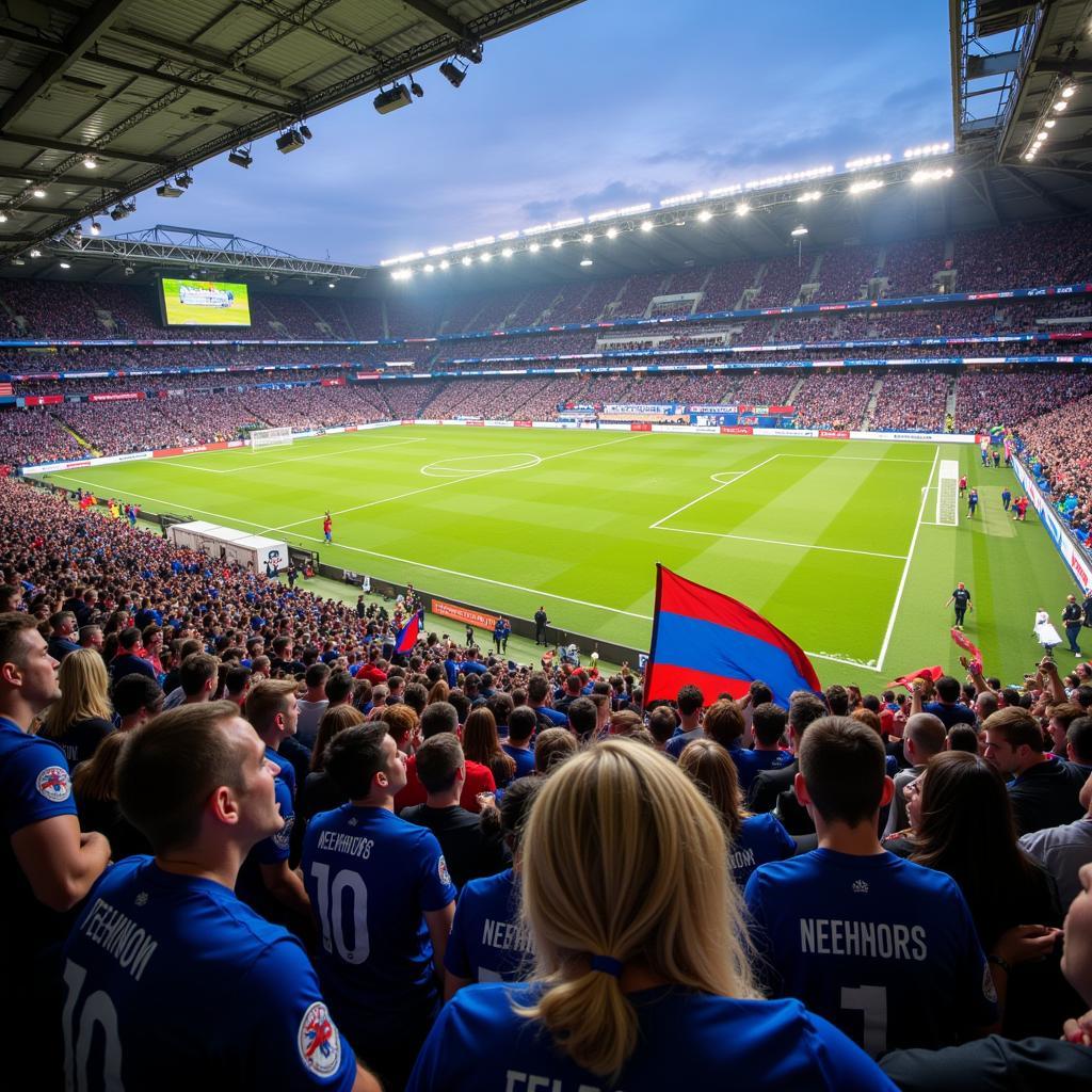 Fans wearing Yamal and Neighbors jerseys in a packed stadium.