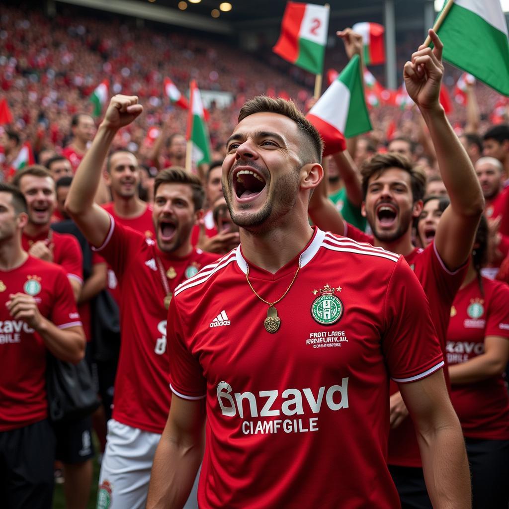 Group of Feyenoord fans proudly wearing the new third kit, demonstrating their support for the team.